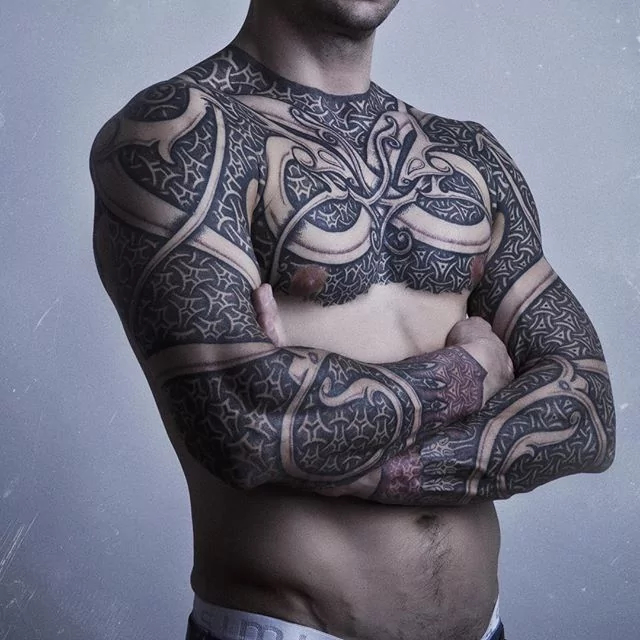 full chest and double full sleeve tribal tattoo