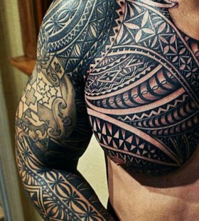 full sleeve and chest tribal tattoo