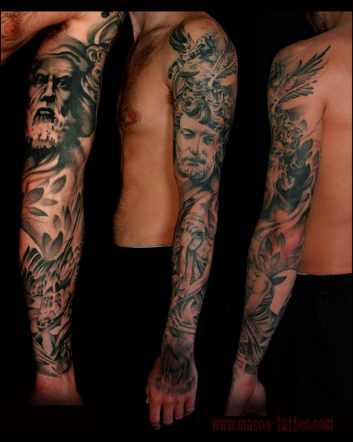 Black And Grey Stylish Greek Mythology Sleeve Tattoo