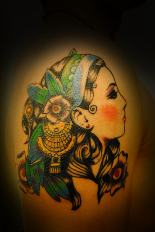Cool Secret Gypsy Lady with Blue Bandana Tattoos
