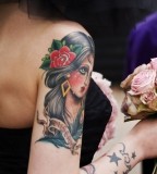 Gypsy Head with Black Long Hair and Red Flower Ornament Women Shoulder Tattoo