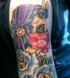 Gypsy Head Lady with Sull Mask and Red Scarf Tattoo