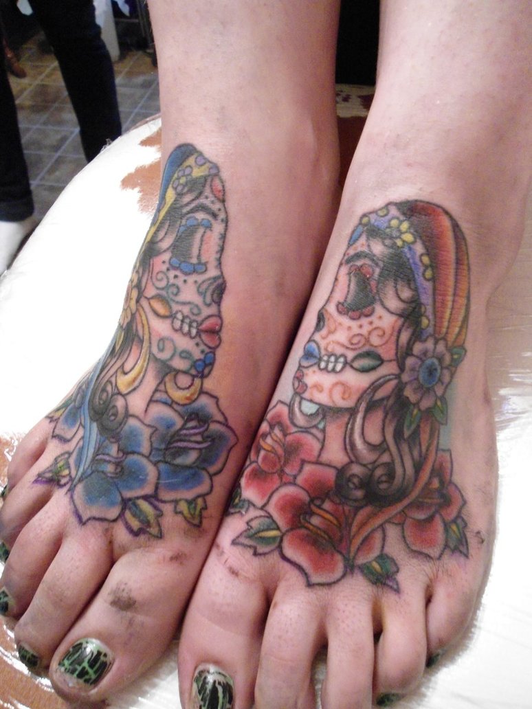Couple Skull Gipsy Woman Colorfull Tattoo Foot Palm