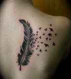 Big Feather and Flying Birds Black White Tattoo on Shoulder