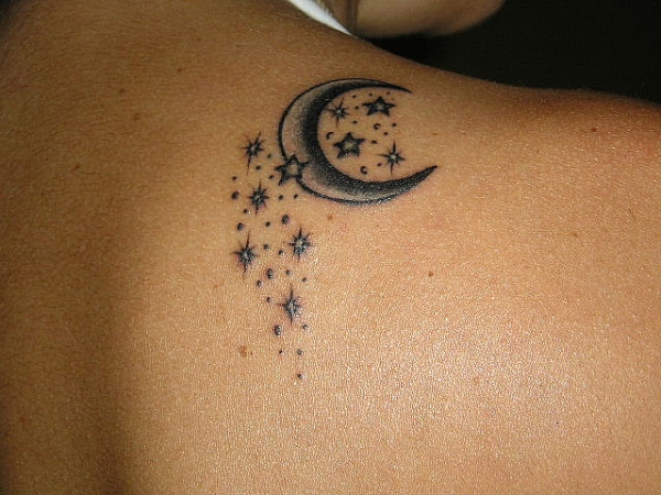 Fresh Half Moon & Stars Tattoo Designs On Shoulder