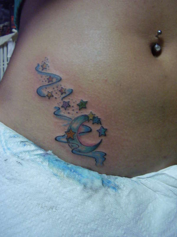 Chic Crescent Moon Stars And Swirlies Stomach Tattoo