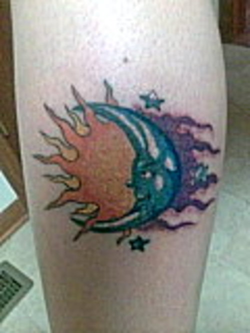 Fancy Half Sun Half Moon Tattoos on Left Leg