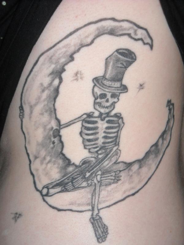 Fabulous Skeleton And Half Moon Old Tattoo Photos By Chad Williams