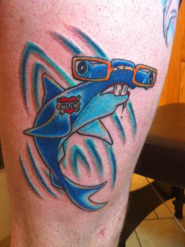 Lane’s Hammerhead Shark Tattoo In Blue