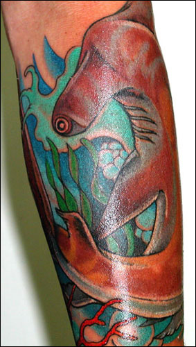 Colored Tribal Hammerhead Shark Tattoo