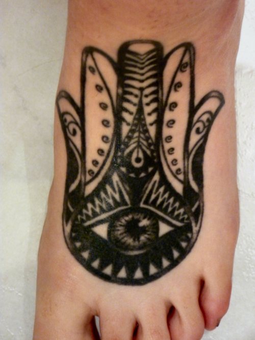 Black Hamsa Hand Tattoo on Left Foot
