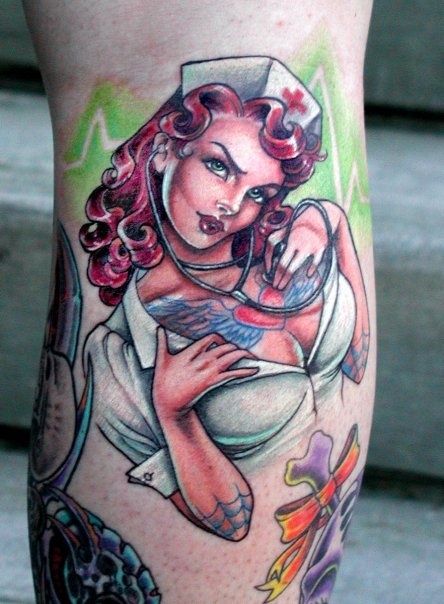 Nice Excellent Sexy Nurse Pin Up Tattoo by Hannah Aitchison