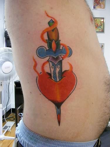 Colorful Creative Heart Dagger Flame Tattoo