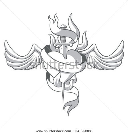 Scared Heart With Dagger And Wing Tattoo Stock Vector
