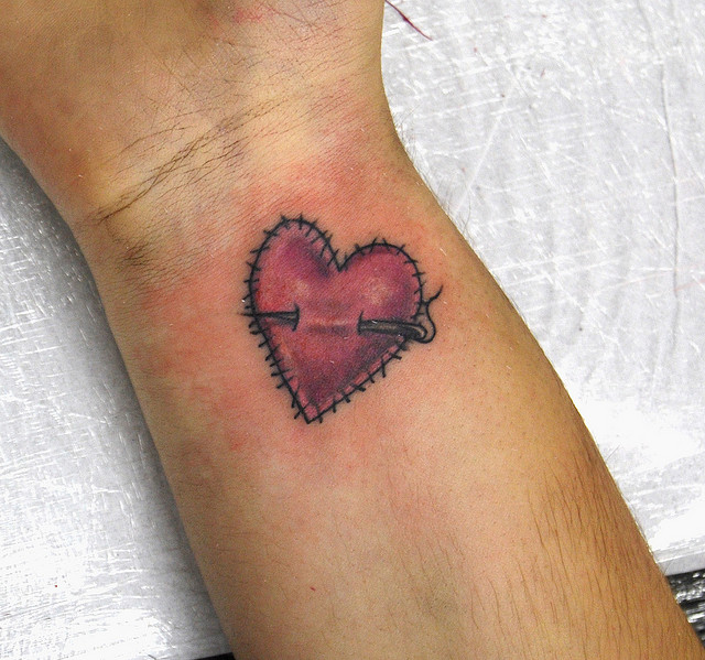 Stiched Heart Tattoo On Wrist