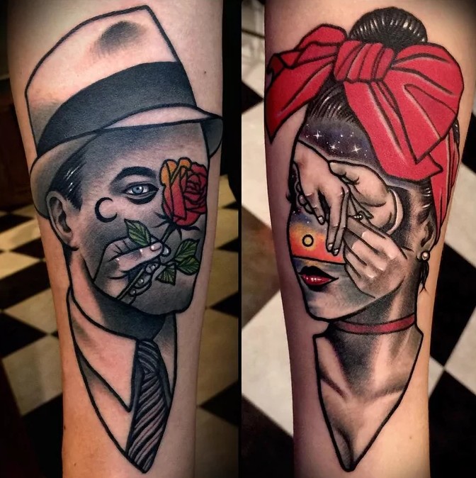 his and hers surreal portrait couple tattoo