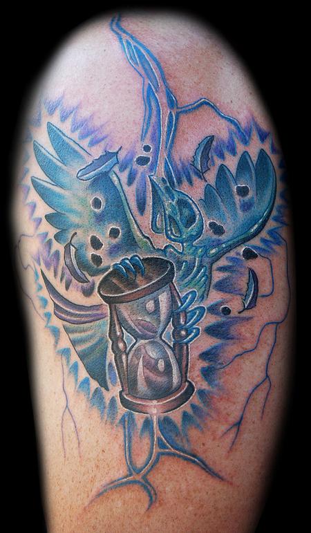 Blue Sparrow Clutching Hourglass Tattoo Design