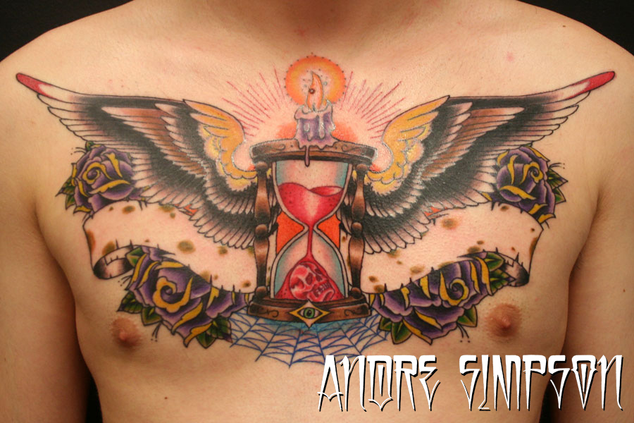 Winged Hourglass with Purple Rose Tattoo Design for Chest