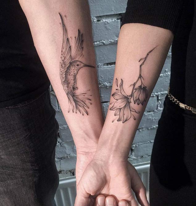 hummingbird and flower couple tattoo