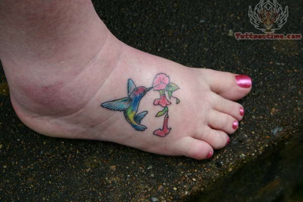 Tiny Hummingbird and Flower Tattoo On Foot