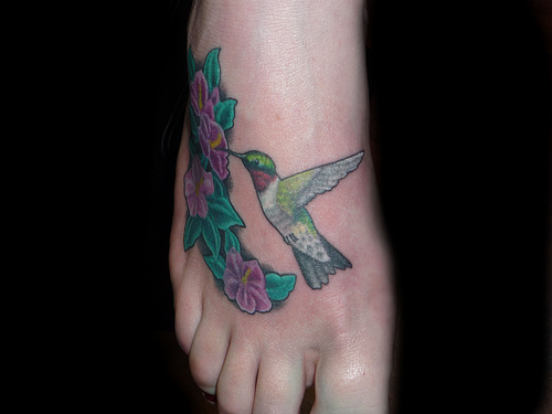 Cute Flower and Hummingbird Tatto on Foot for Women