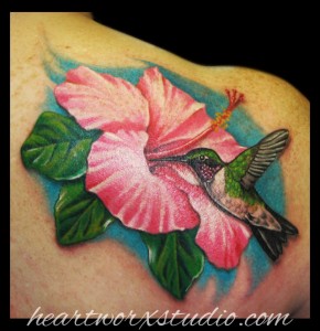 Colorful Hummingbird and Flower Tattoo Design on Shoulder