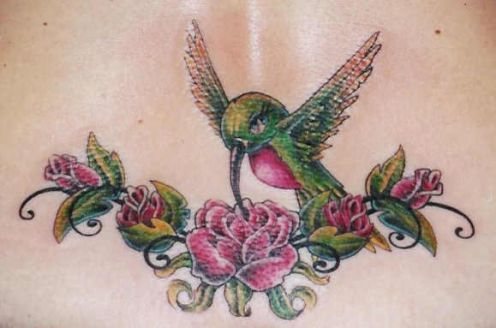 Hummingbird and Flower Tattoo Design on Upper Back