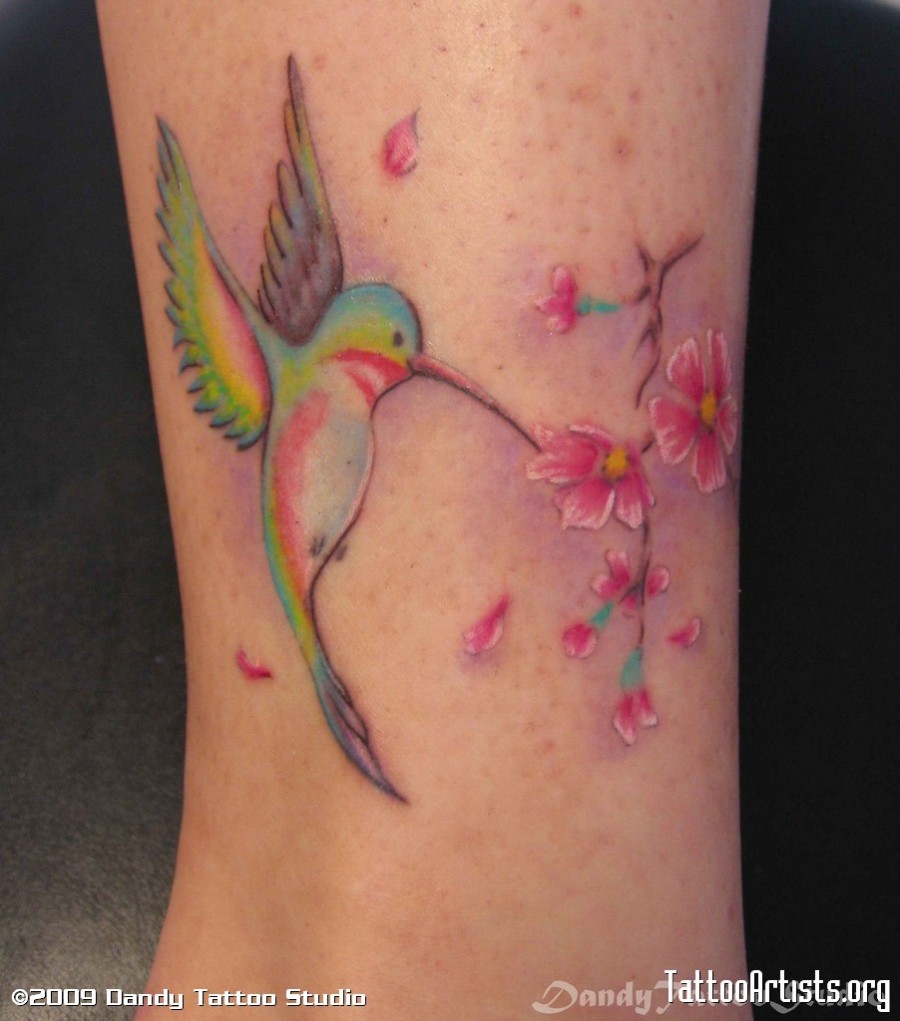 Colorful Hummingbird and Sakura Tattoo Design