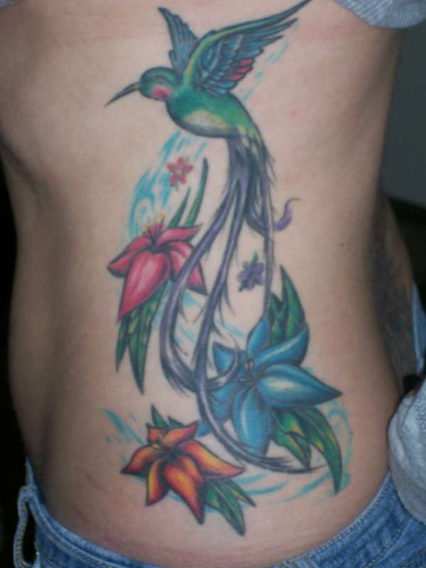 Flower Hummingbird Tattoo Design On Rib