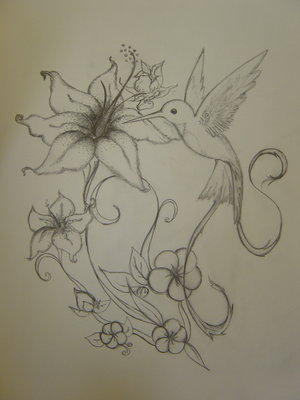 Flowers with Flying Hummingbird Tattoo Design