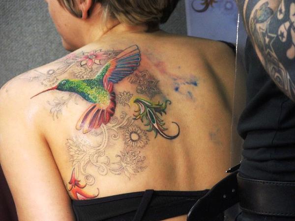 Great Flying Hummingbird Tattoo Design on Back