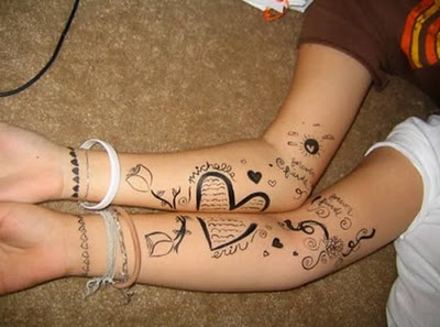 Matching Love Couple Tattoo Designs On Forearm
