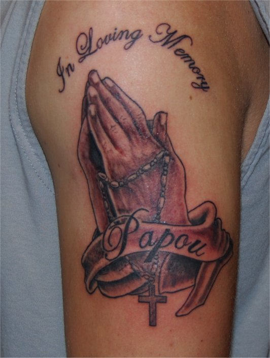 Praying Hands Shaped In Loving Memory Tattoo Design