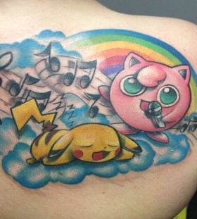 jigglypuff singing with Pikachu Pokemon tattoo
