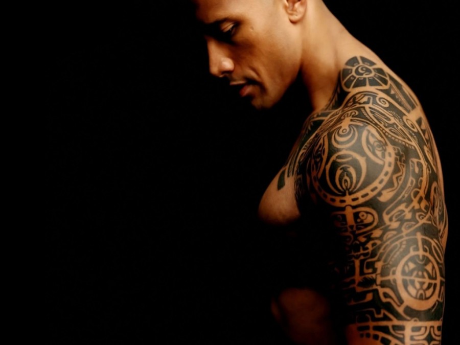 Dwayne The Rock Johnson with Big Key Shoulder Tattoos