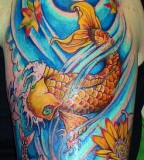 Japanese Gold Koi Fish Tattoo with Ocean Blue Wave Tattoo