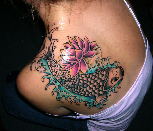 Charming Koi Fish Tattoo Design for Girl Back Shoulder