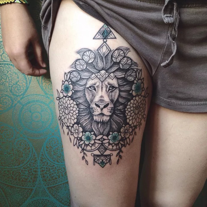 lion on leg tattoos for women