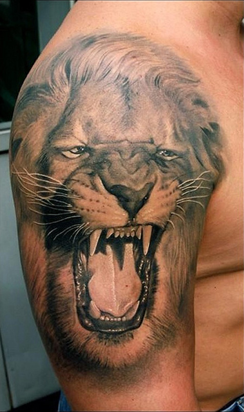 Awesome Almost Life-like Lion Shoulder Tattoo Designs