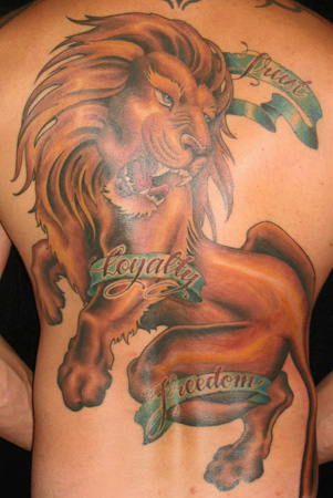 “Trust. Loyalty. Freedom” Lion and Ribbon Tattoo Designs Back Tattoo