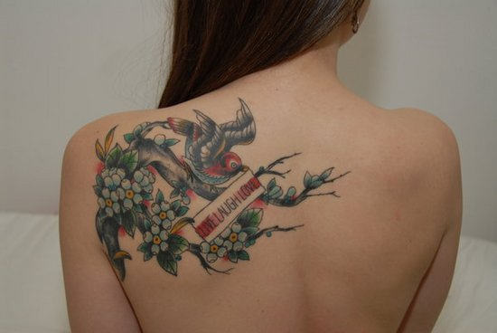 Live Laugh Love with a Bird on Branches Tattoo