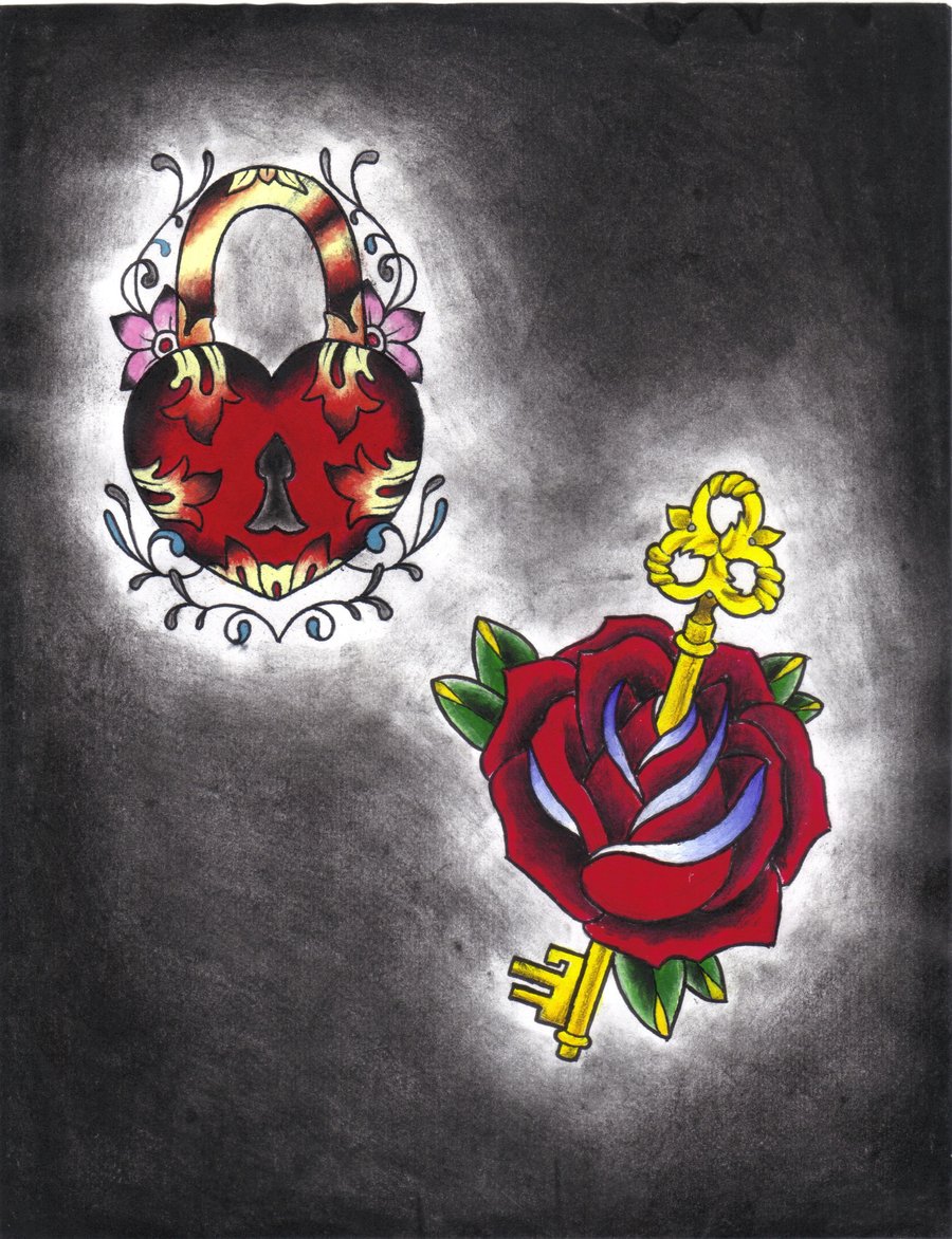 Couple Rose and Key Lock Tattoo