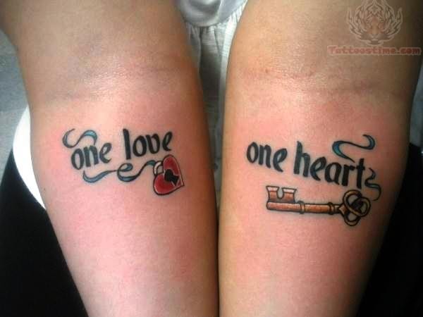 One Love One Heart Lock Key Tattoo for Couples