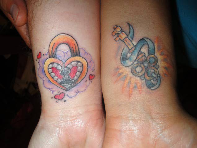 Red and Blue Lock Key Couples Tattoo
