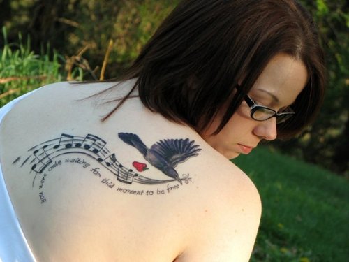 Music Bird Back Tattoo Ideas for Woman