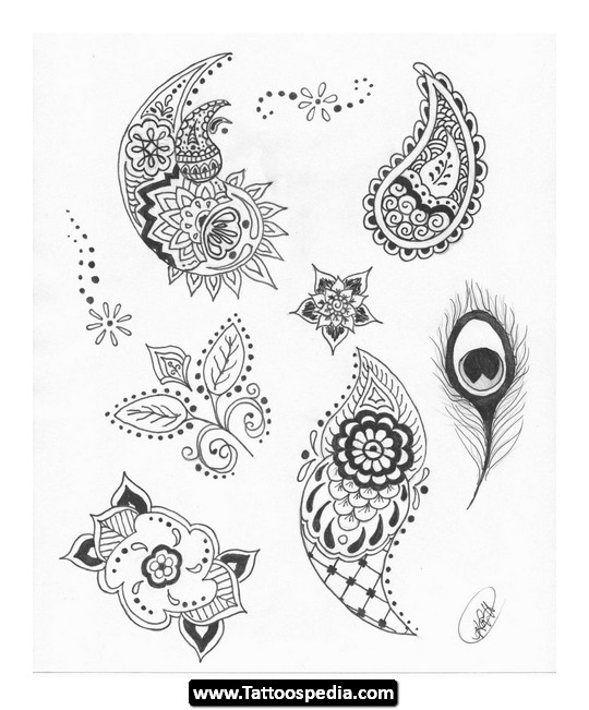 Traditional Henna Leaves and Wings Feathers Tattoo Design Sketches