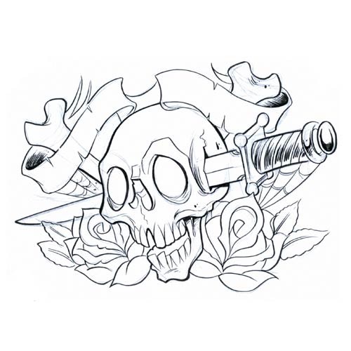Cool Ribbon-wrapped and Stabbed Skull with Flowers Tattoo Design Sketch
