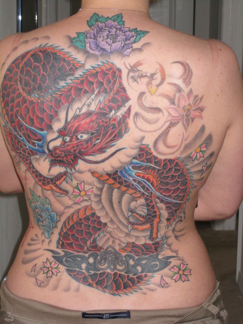 Japanese Mythical Red-Dragon Full Back Tattoos for Women