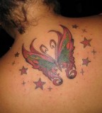 Upper Back Beautiful Butterfly and Stars Tattoos