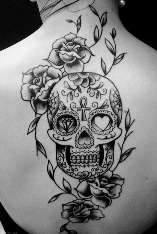 Mexican Skull & Roses Flowers Back Tattoo Design for Women